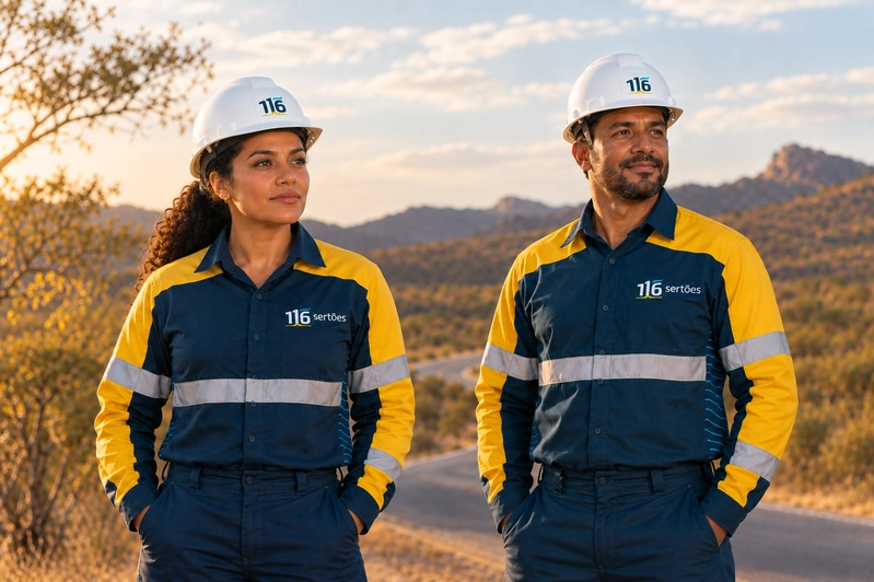 Colaboradora e colaborador da 116 Sertões com capacete e uniforme